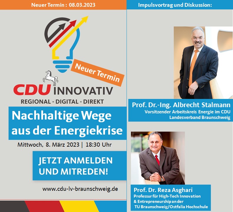 Nachhaltige Wege aus der Energiekrise ist das Motto von CDU-Innovativ am 08.03.2023